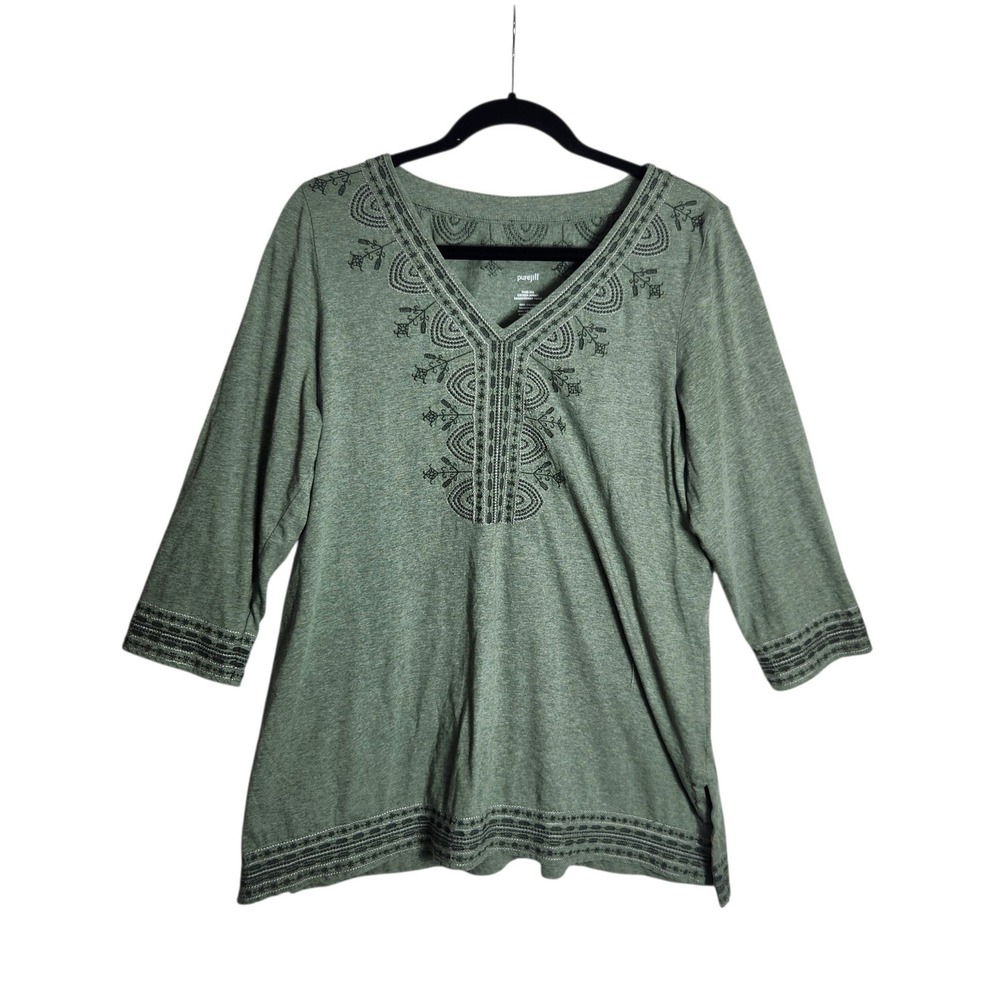 Pure Jill J. Jill Green Cotton Jersey Embroidered Tunic Top Size M 3/4 Sleeve